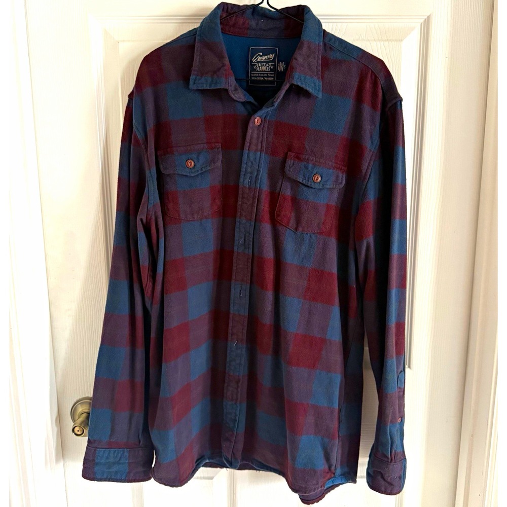 Grayers Heritage Flannels Mens L Blue/Red Plaid Cotton Flannel Button-Up Pockets